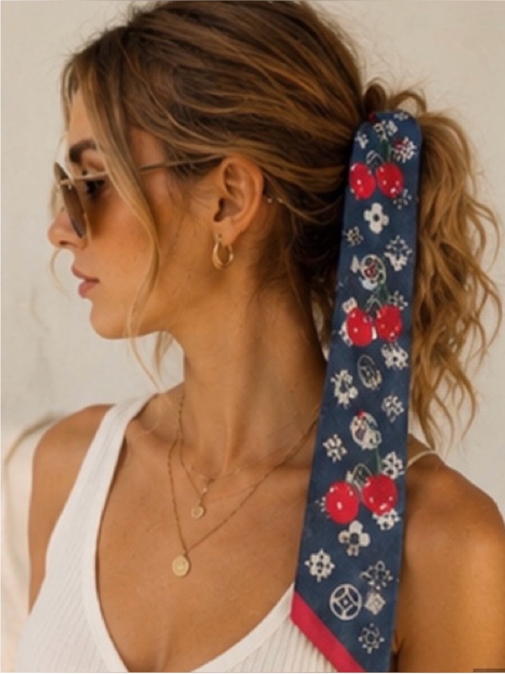 Blue Cherry Print Skinny Twilly Scarf Hair Ribbon Neck Scarf Purse Tie